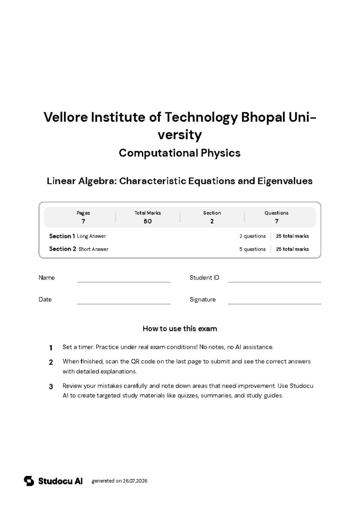 Linear Algebra Final Exam: Eigenvalues & Characteristic Equations - Studocu
