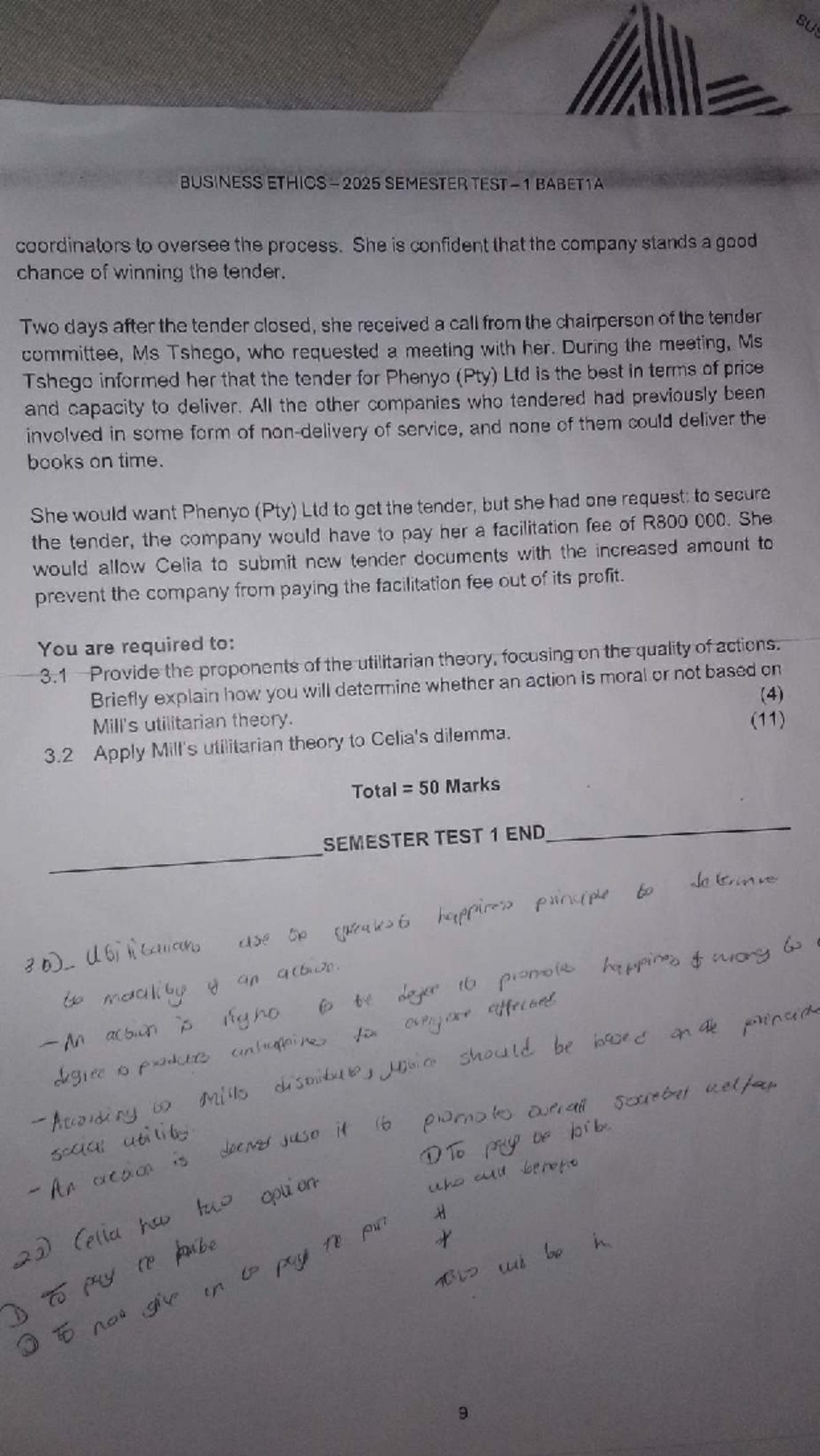 BUSINESS ETHICS 2025 SEMESTER TEST 1 BABET1A: EXAMINATION MEMO - Studocu