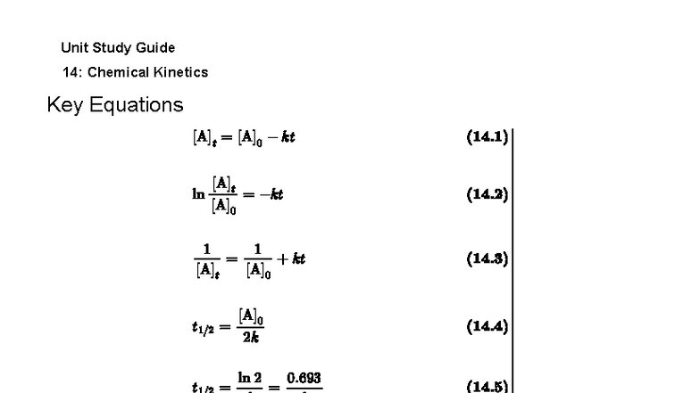 Unit Study Guide 14: Key Equations in Chemical Kinetics - Studocu