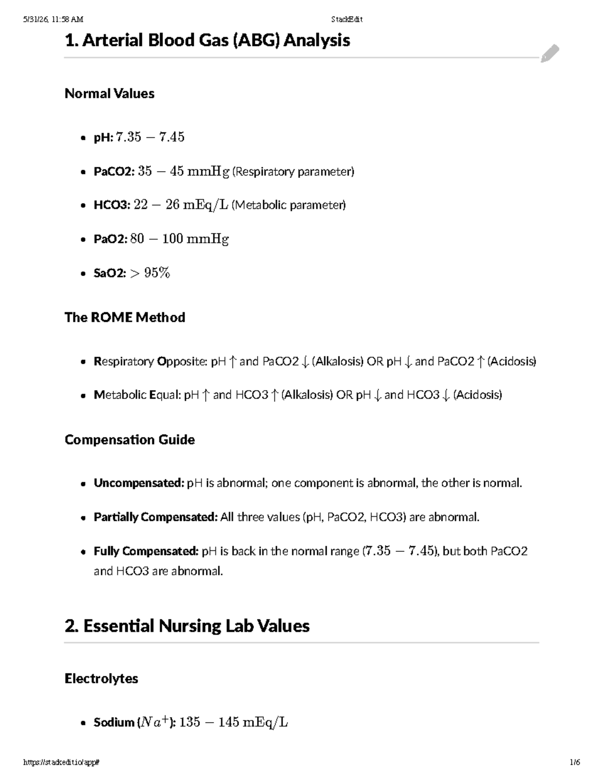 AH1 Cheat Sheets: Arterial Blood Gas & Nursing Lab Values - Studocu