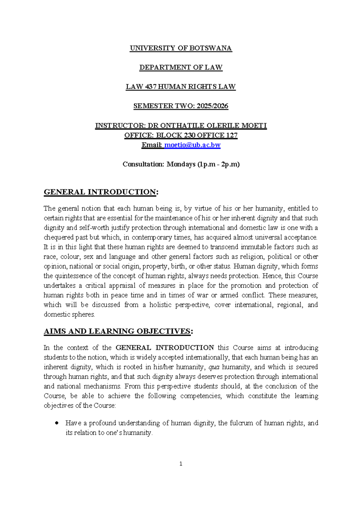 LAW 437 Human Rights Law Course Outline 2024-2025 - Studocu