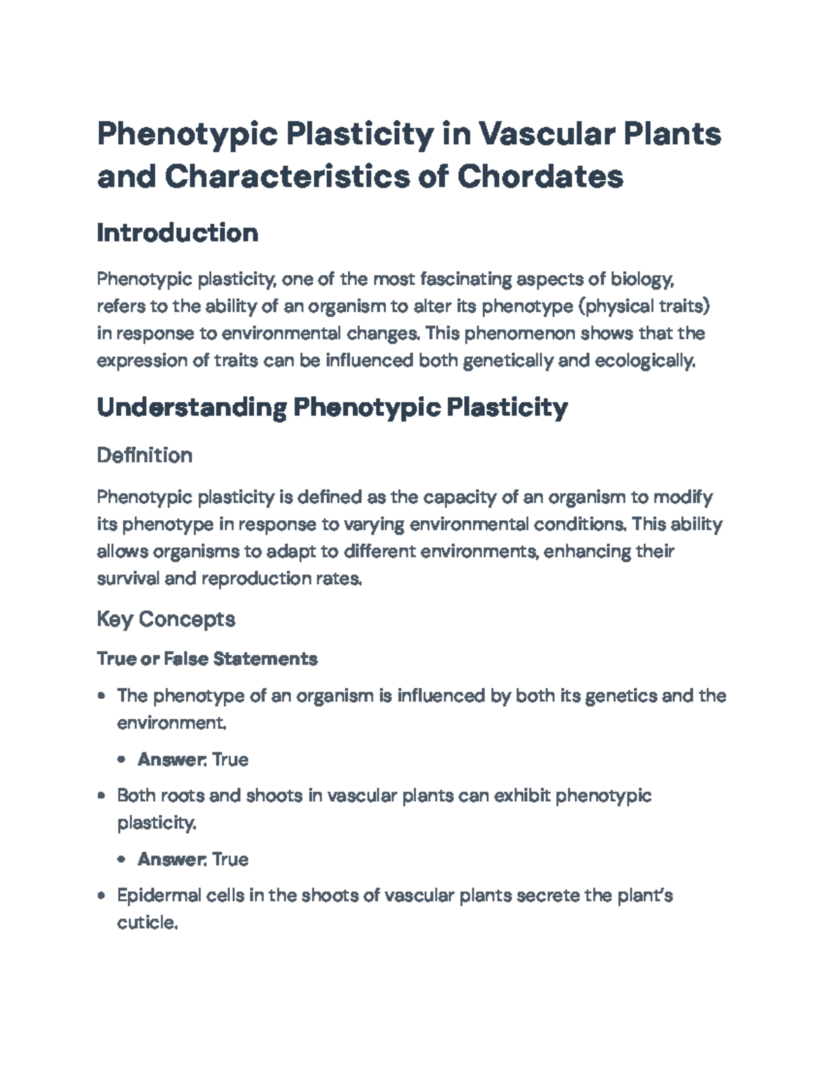Exploring Phenotypic Plasticity in Vascular Plants and Chordates ...