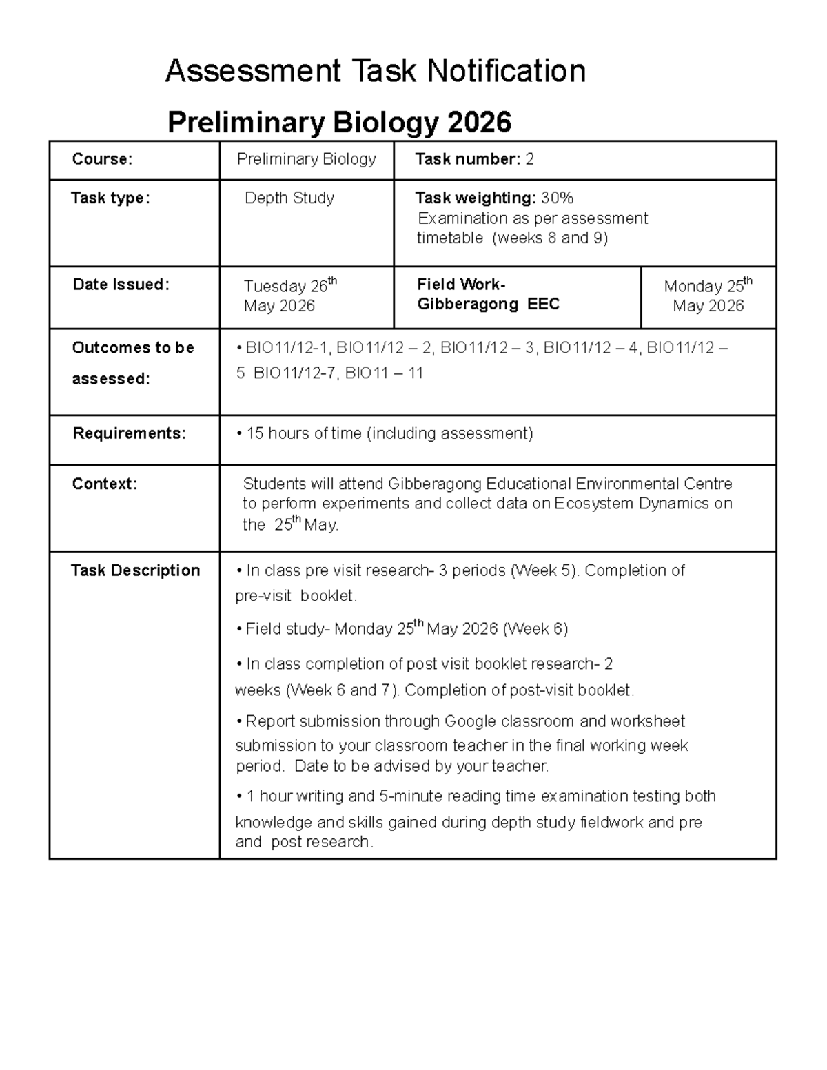 Depth Study Notification: Preliminary Biology 2026 (Task 2) - Studocu