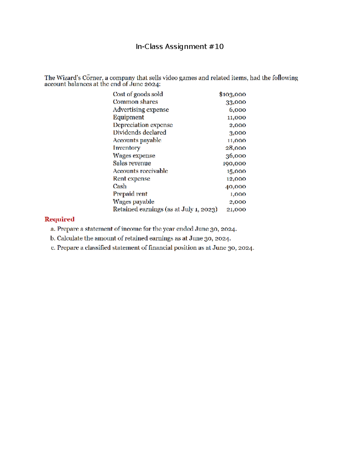 In-Class Assignment #10 1130: Financial Statements & Retained Earnings ...