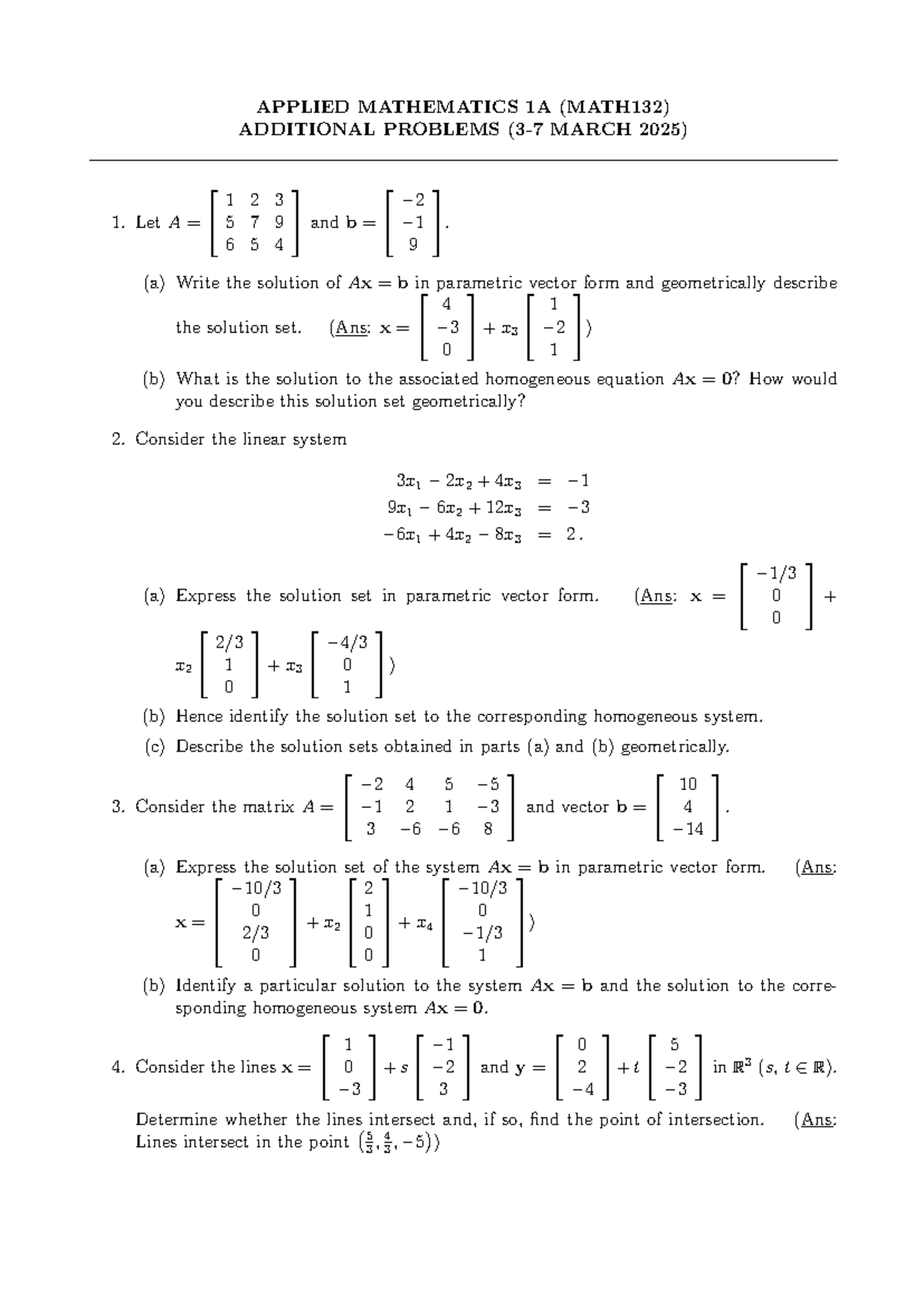 APPLIED MATHEMATICS 1A (MATH132) ADDITIONAL PROBLEMS MARCH 2025 - Studocu