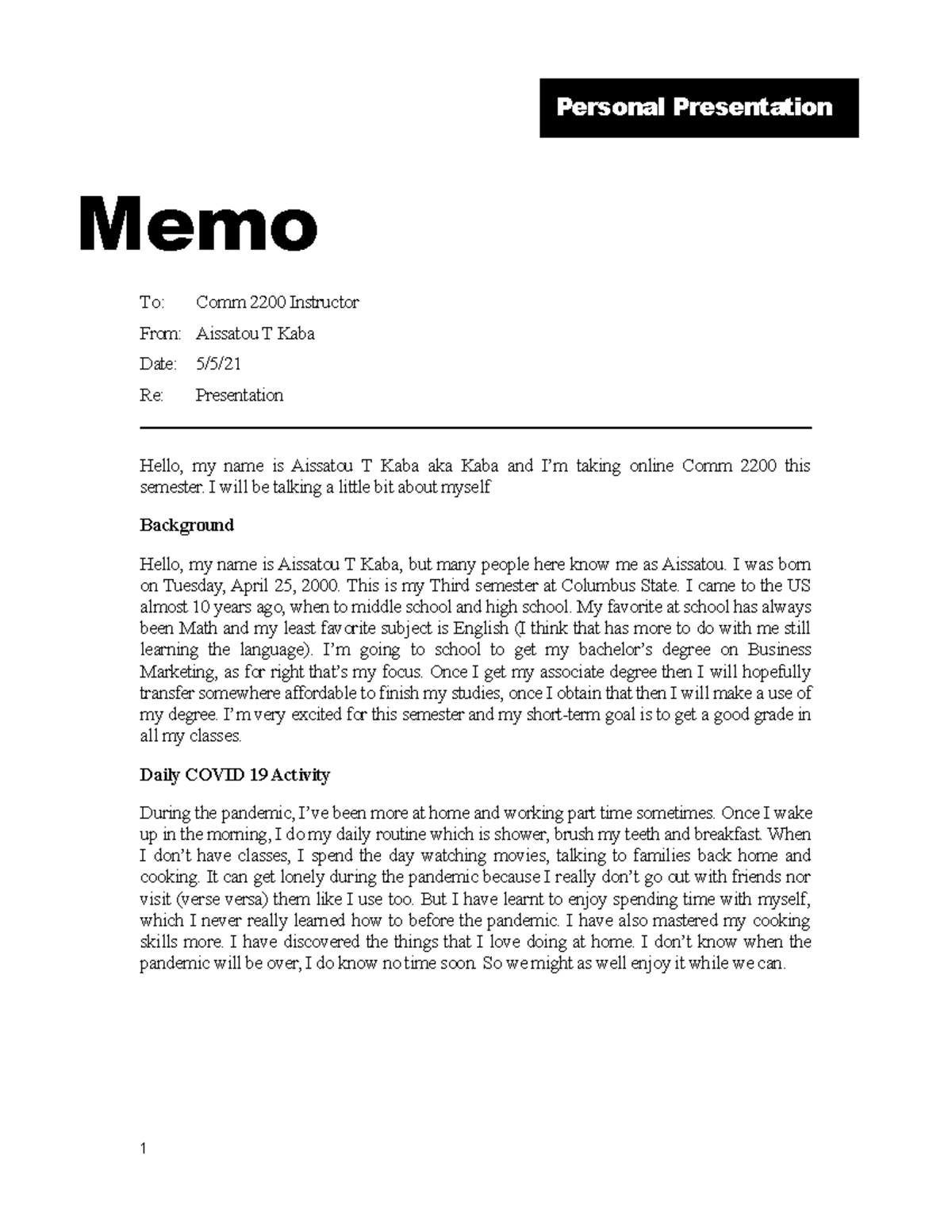 Comm 2200 Memo Template: Personal Presentation Example - Studocu