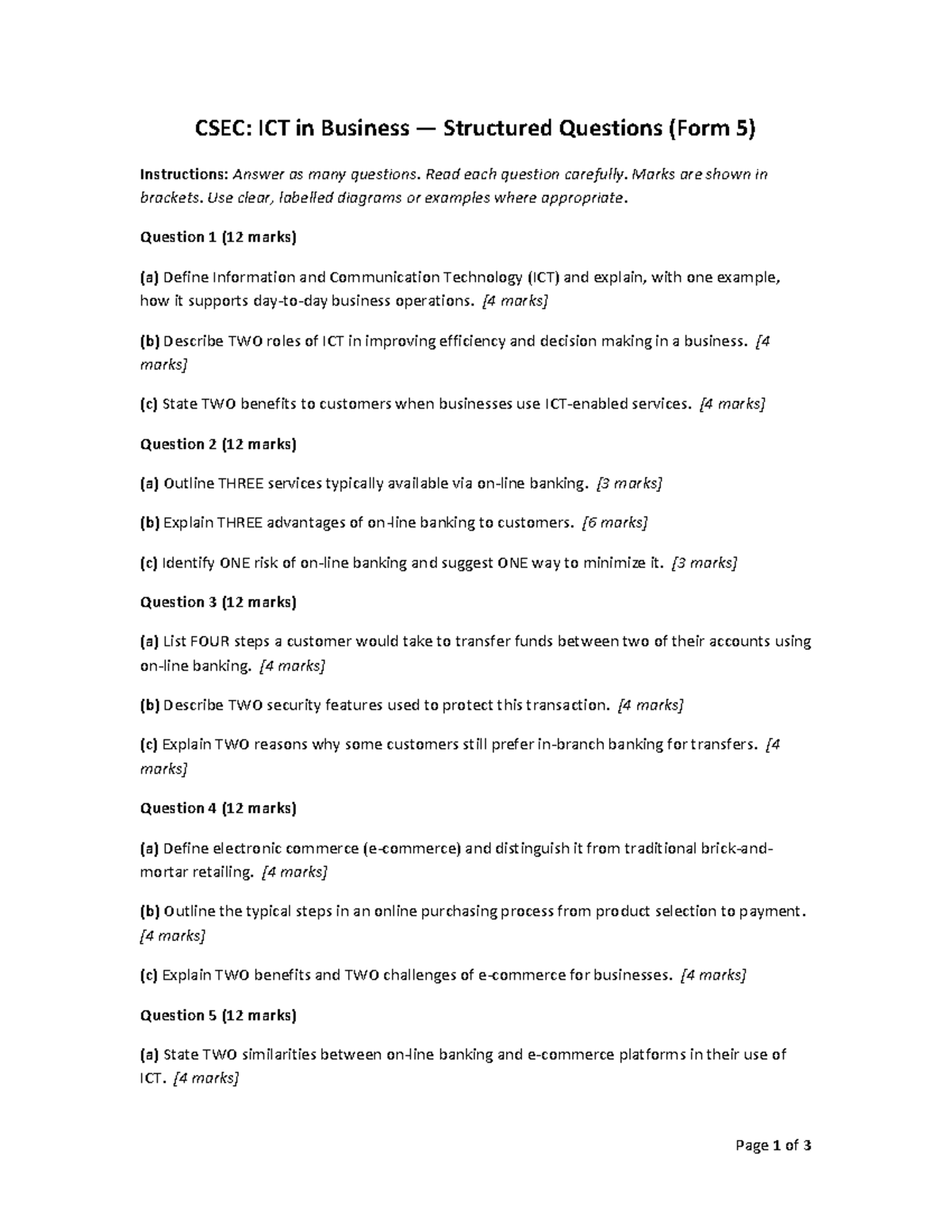 CSEC: ICT in Business Structured Questions - Form 5 Exam Guide - Studocu