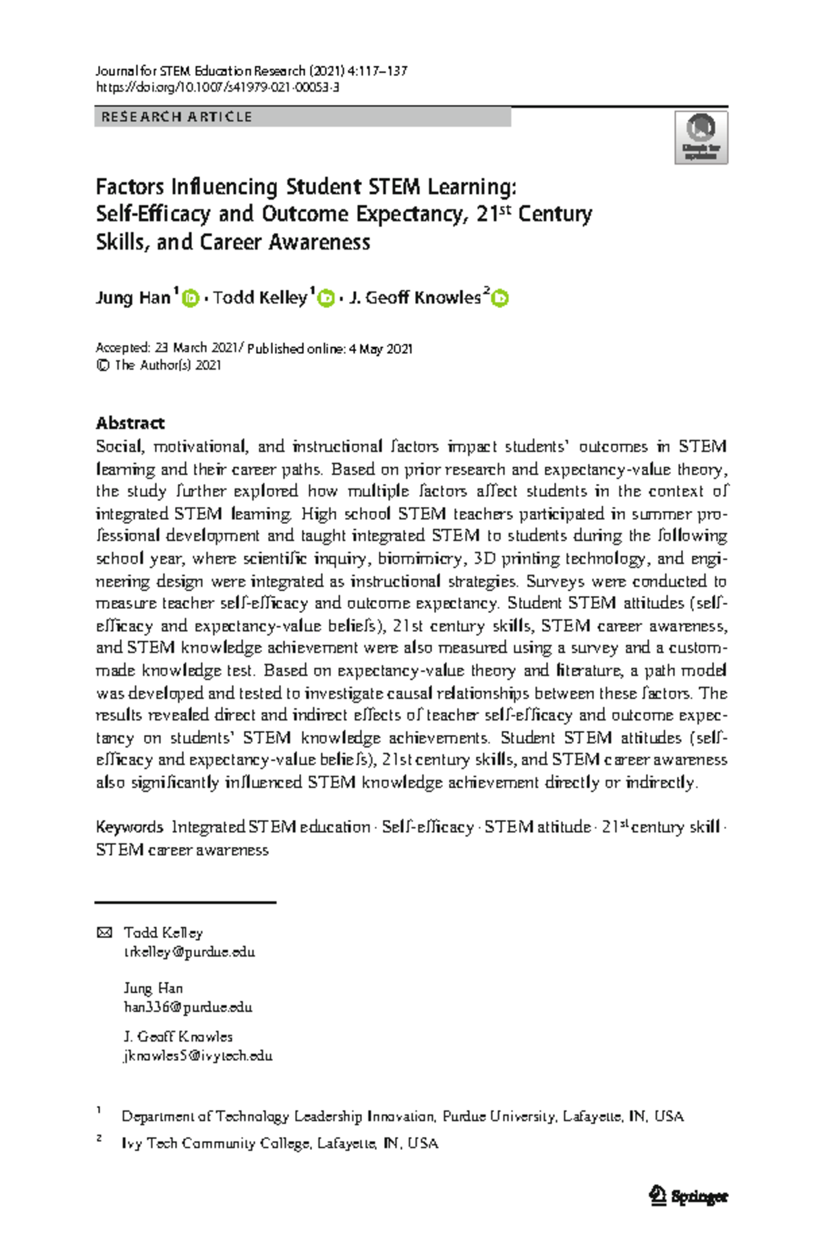 Factors Impacting STEM Learning Self-Efficacy and Career Awareness in ...