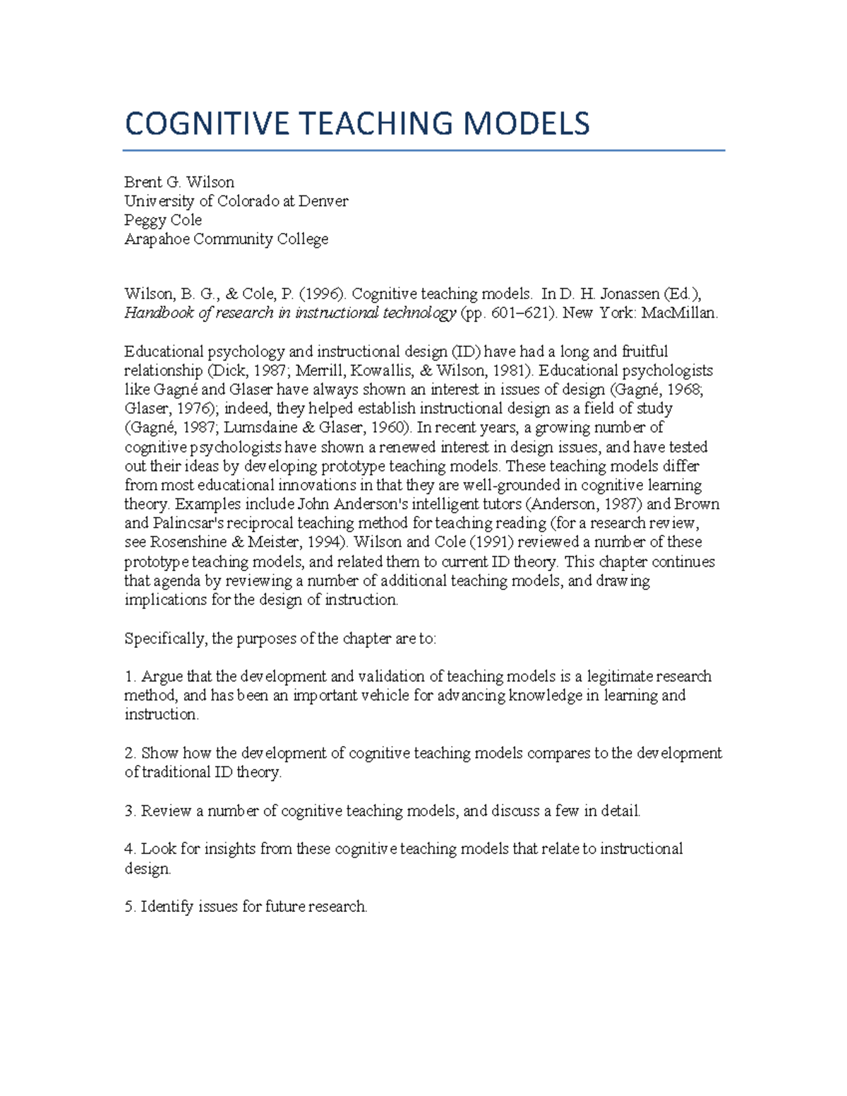 Cognitive Teaching Models Overview - Wilson & Cole Handbook Ch. (1996 ...