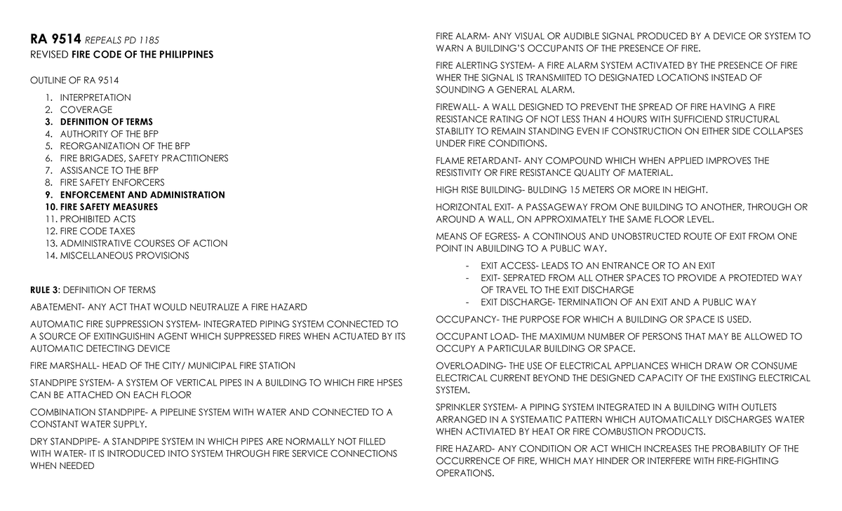 RA 9514: Revised Fire Code of the Philippines Outline and Key ...