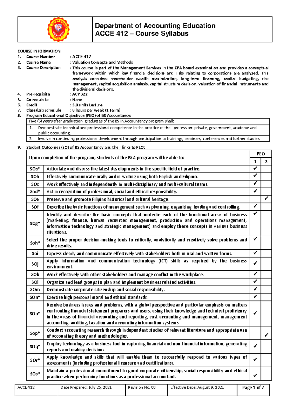ACCE 412 Syllabus: Valuation Concepts & Methods Overview and Outcomes ...