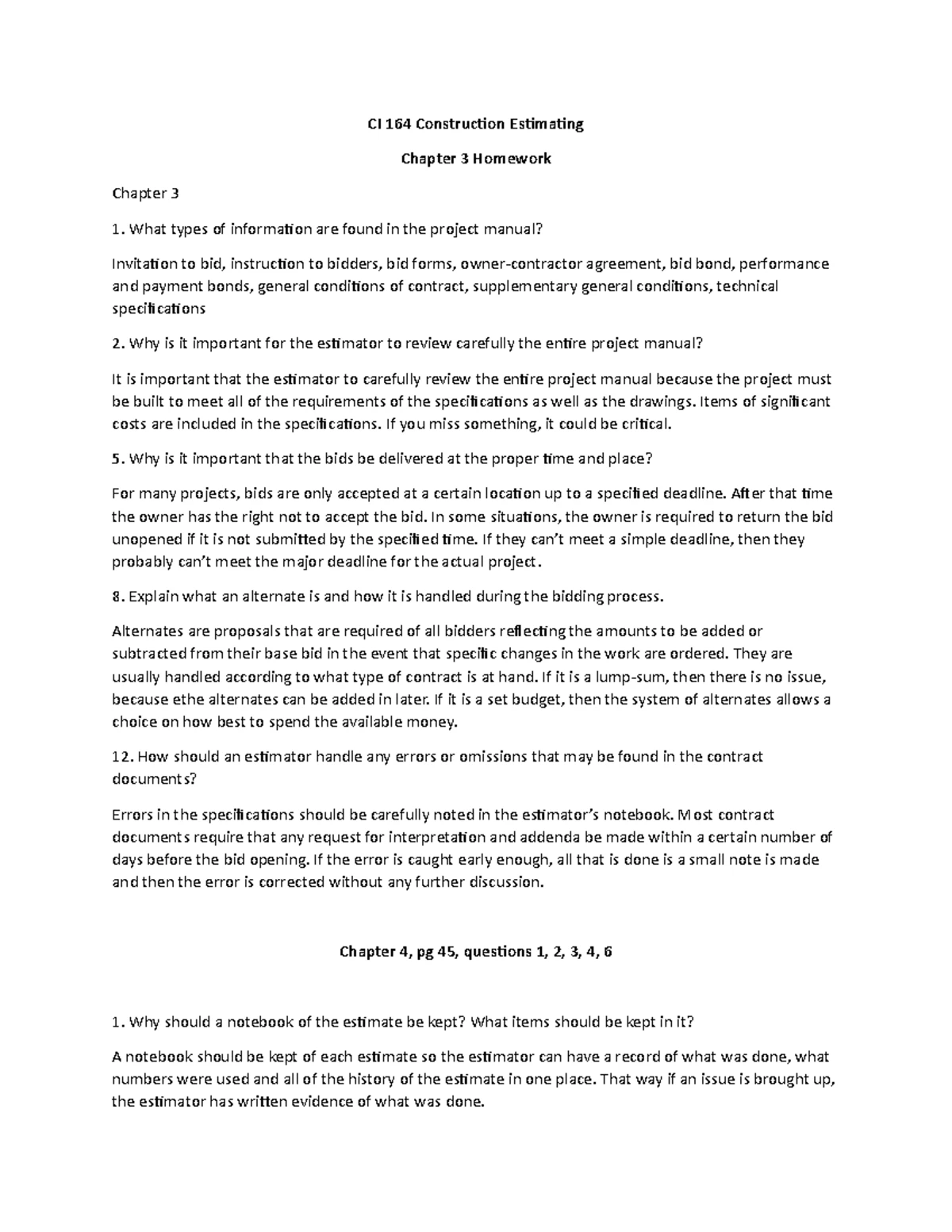 CI 164 Chapter 6&7 Questions - CI-164 Construction Estimating Spring ...