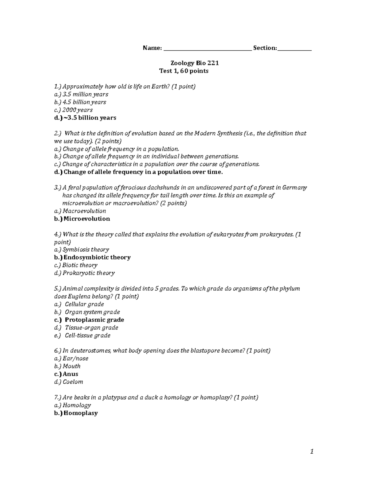 ZOO 221 Test 1 Answer Key (2022) - Comprehensive Exam Guide - Studocu