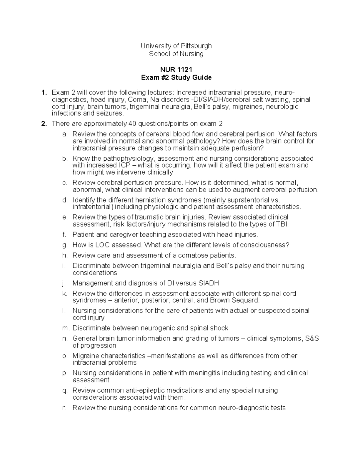 NUR 1121 Exam 2 Study Guide: Key Topics & Nursing Considerations - Studocu