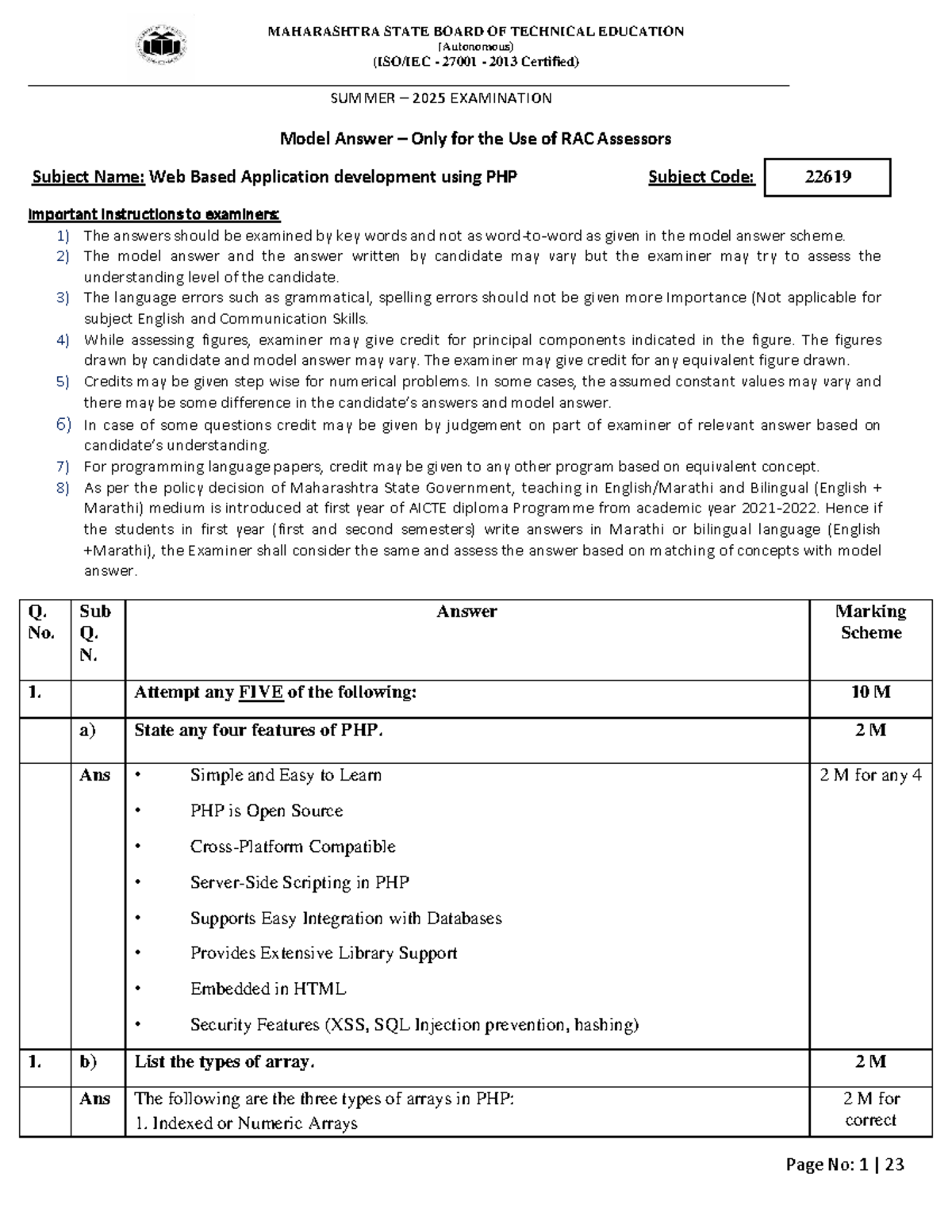 22619 - PHP Model Answer for Summer 2025 Exam - Studocu