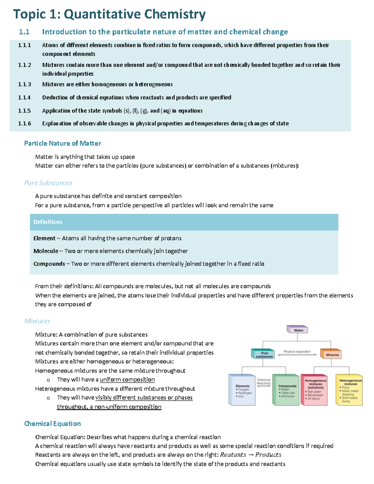 Quantitative Chemistry Study Notes: Introduction to Matter and ...