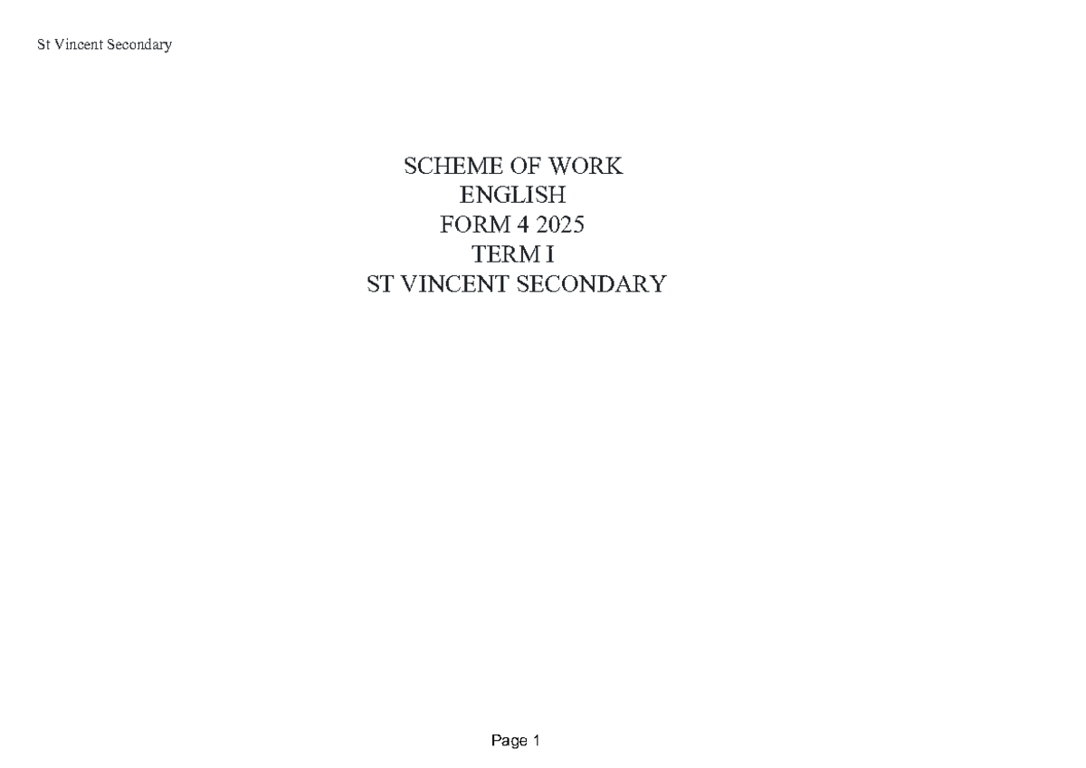 St Vincent Secondary English Form 4 Term I Scheme of Work 2025 - Document Preview