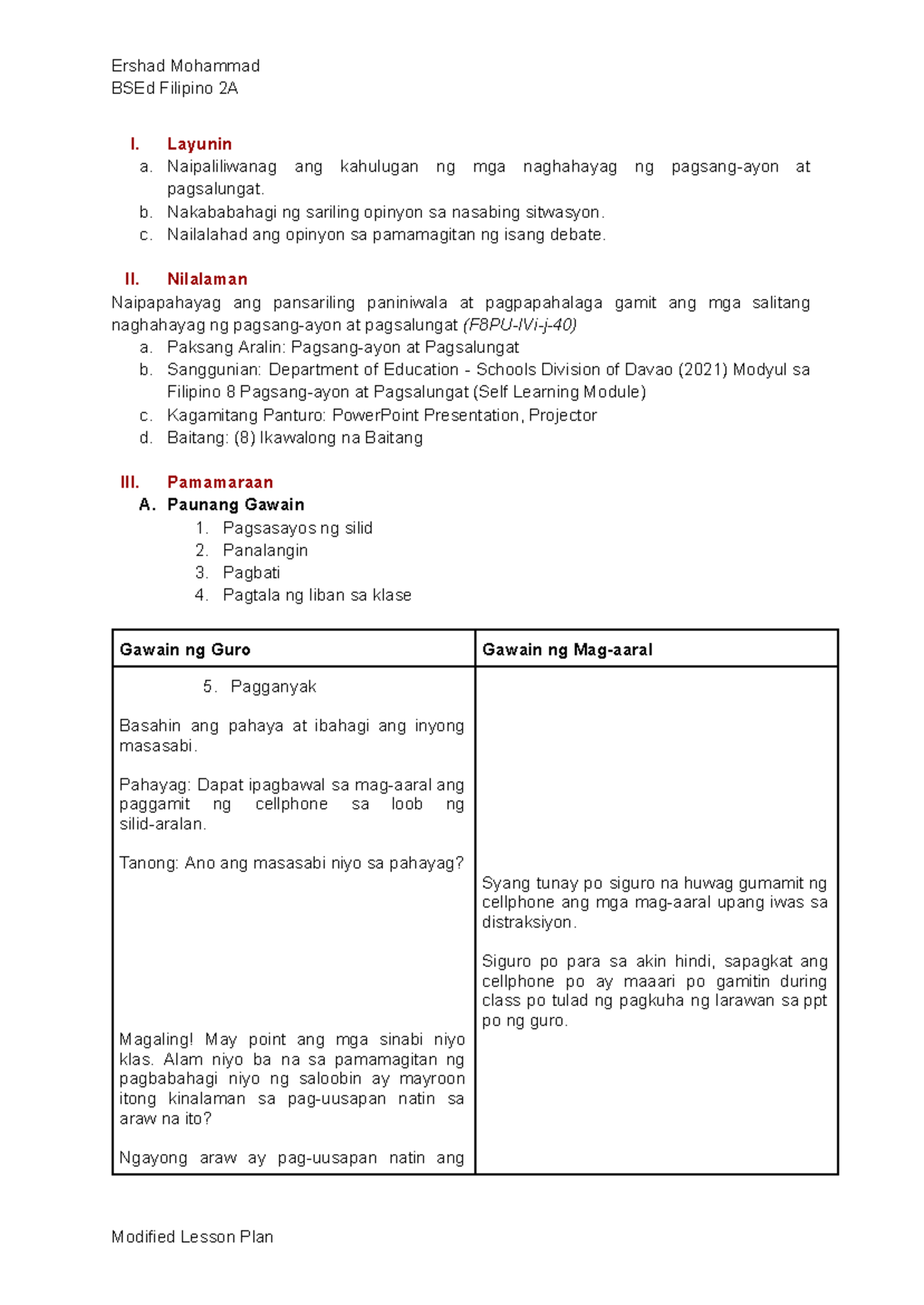Pagsang-ayon at Pagsalungat - Modified Lesson Plan BSEd Filipino 2A ...