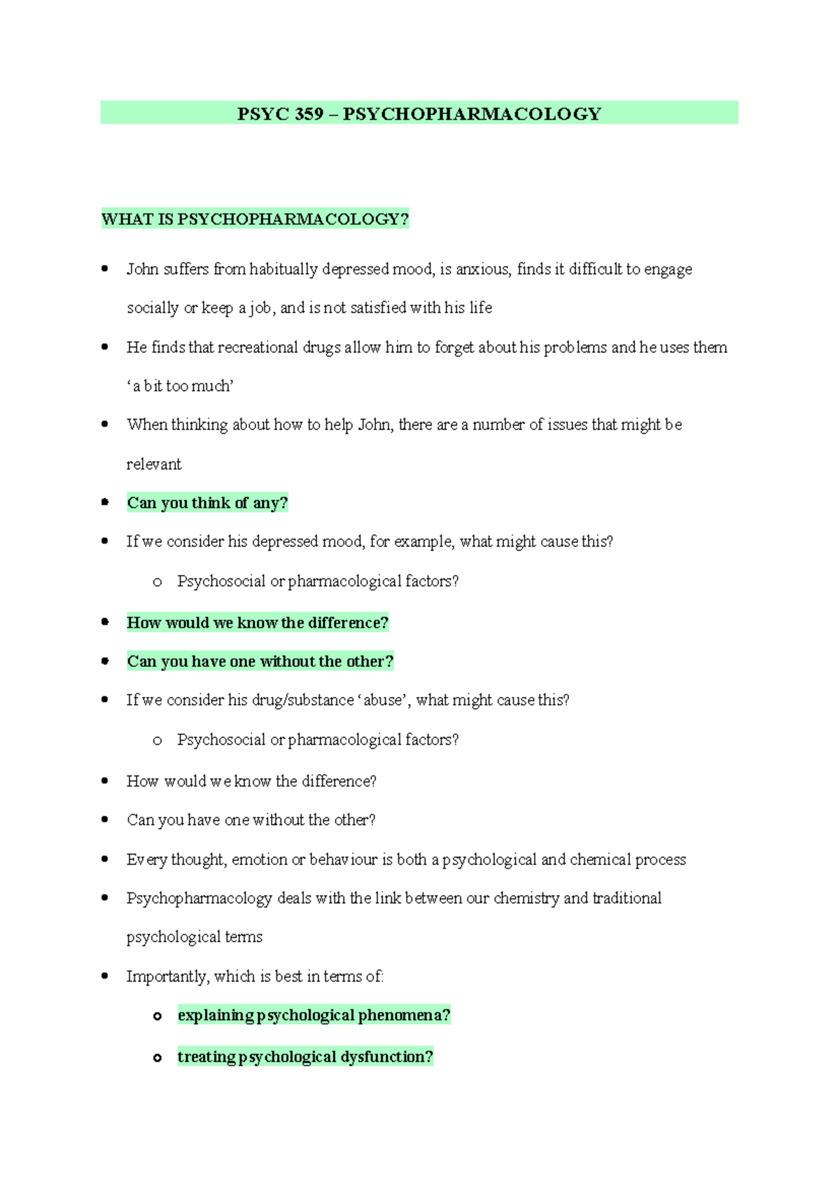 PSYC 359 Lecture Notes: Understanding Psychopharmacology Basics - Studocu