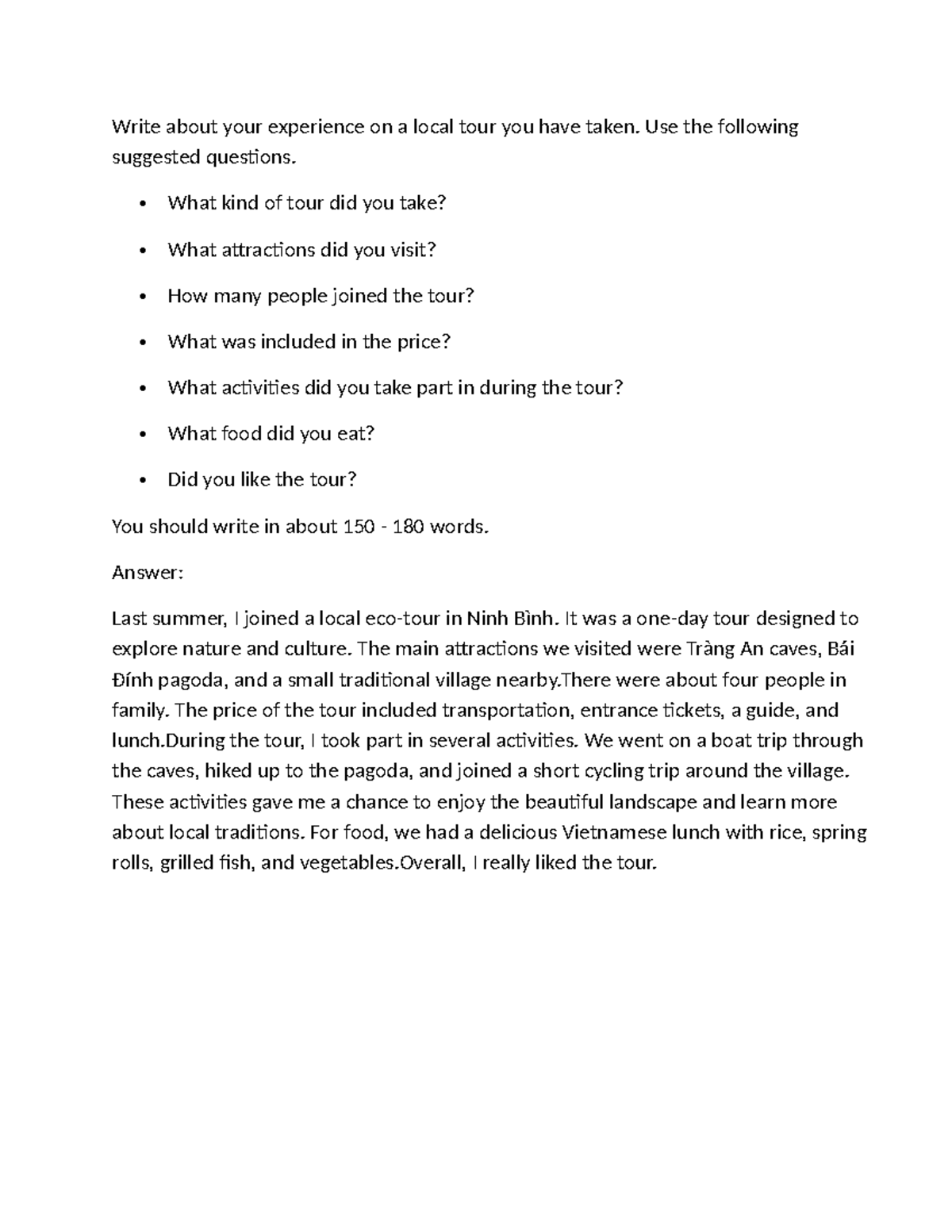 Local Tour Experience: Writing Task 7 (Unit 11) - Studocu
