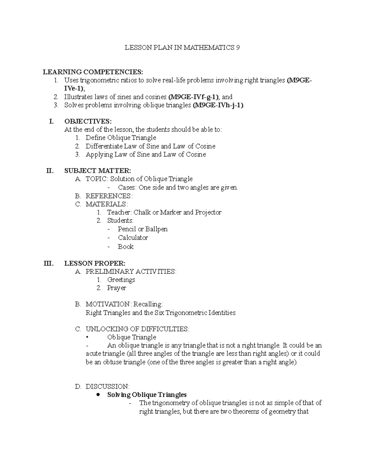 Mathematics 9 Lesson Plan: Solving Oblique Triangles and Trig Laws ...