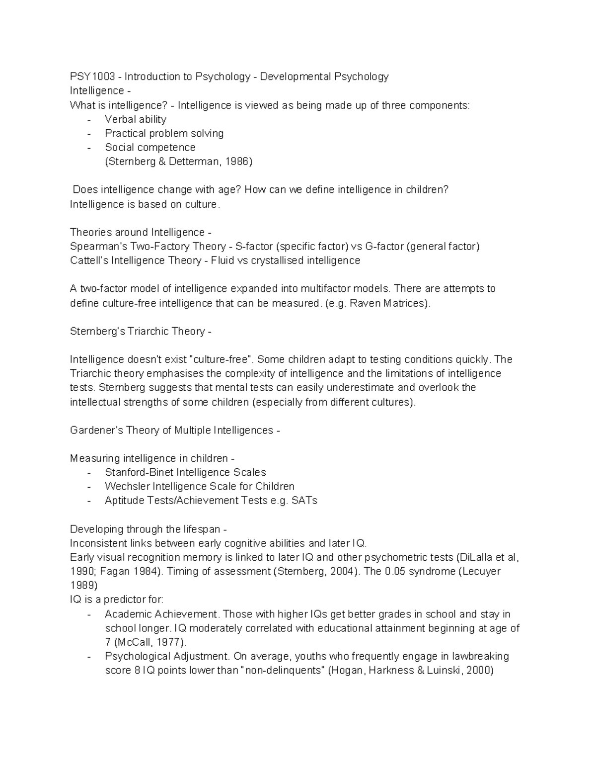 PSY1003 - Final Exam Notes on Intelligence and Developmental Psychology ...