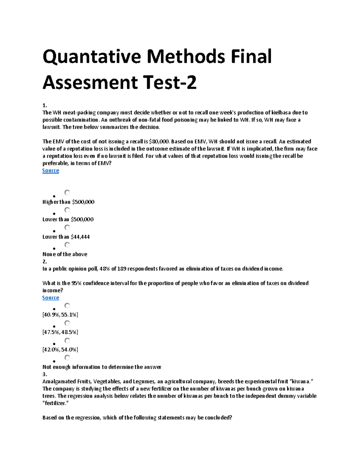 Quantitative Methods Final Assessment Test 2: Key Concepts and ...