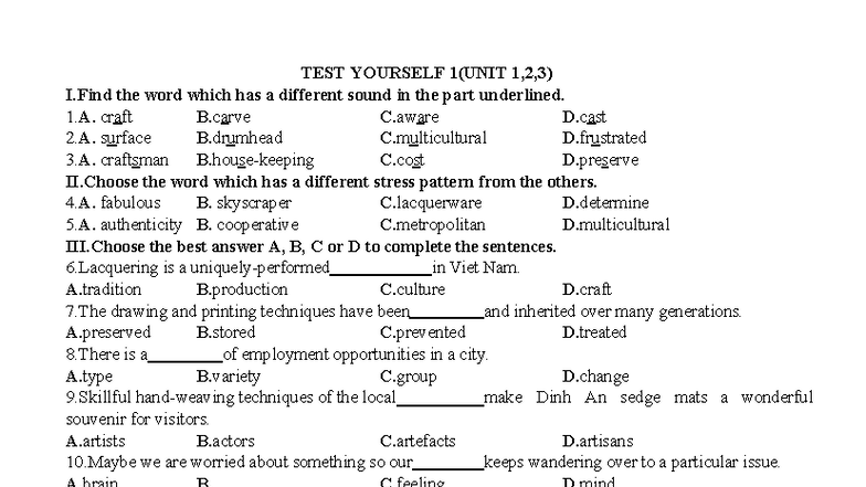 TEST YOURSELF 1 (UNIT 1, 2, 3) - Listening and Vocabulary Exercises ...