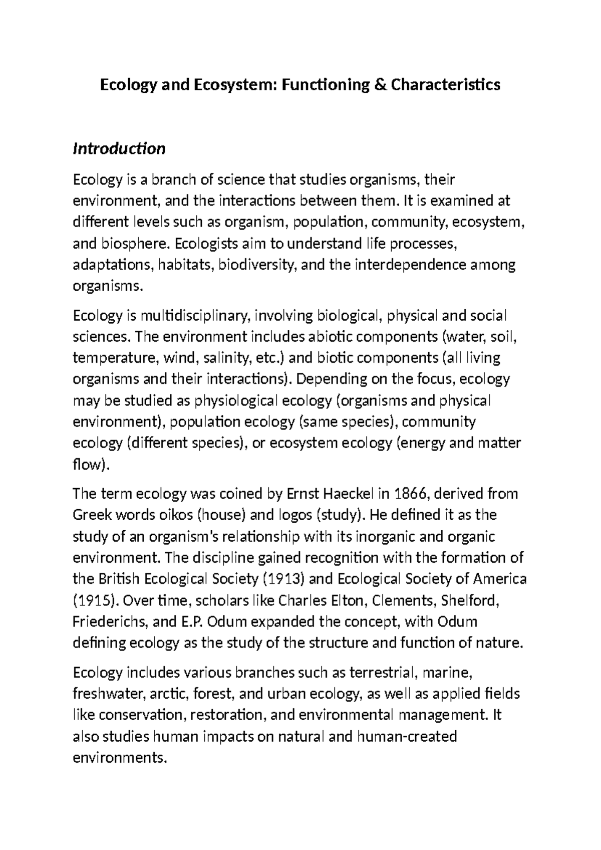 Ecology and Ecosystem Overview: Key Concepts and Functions - Studocu