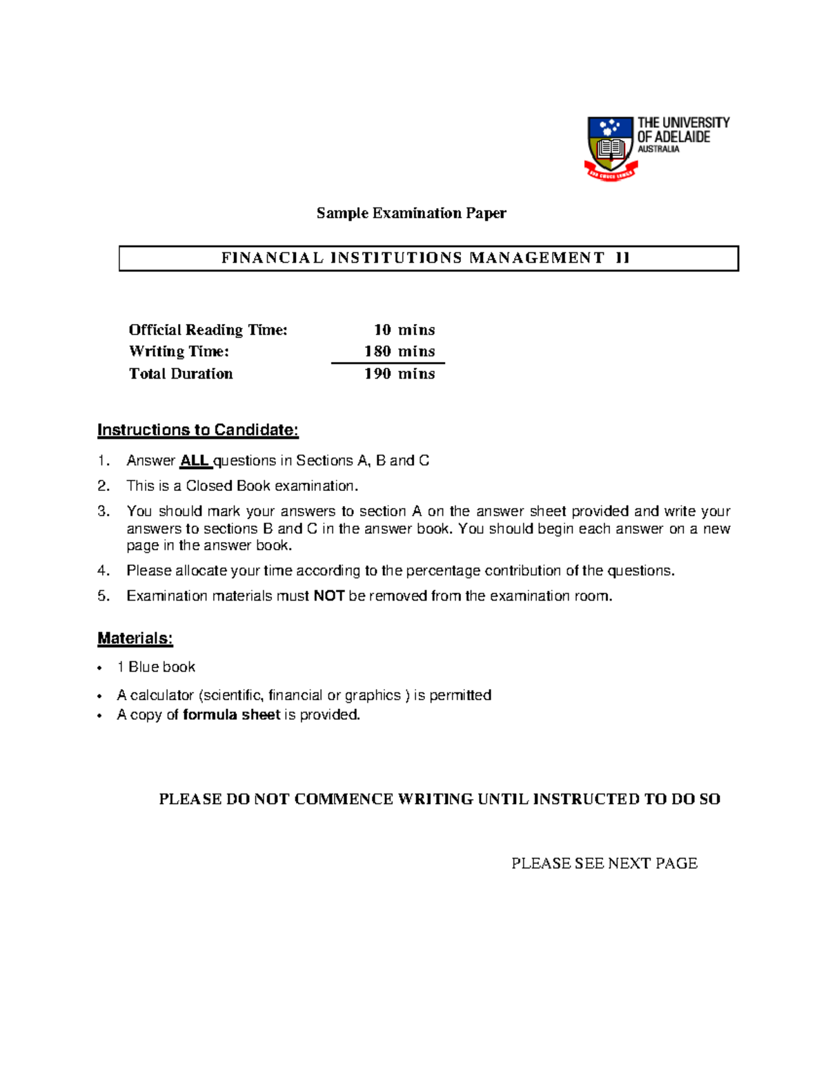 Sample Exam final - Sample Examination Paper F I N A N C I A L I N S T ...