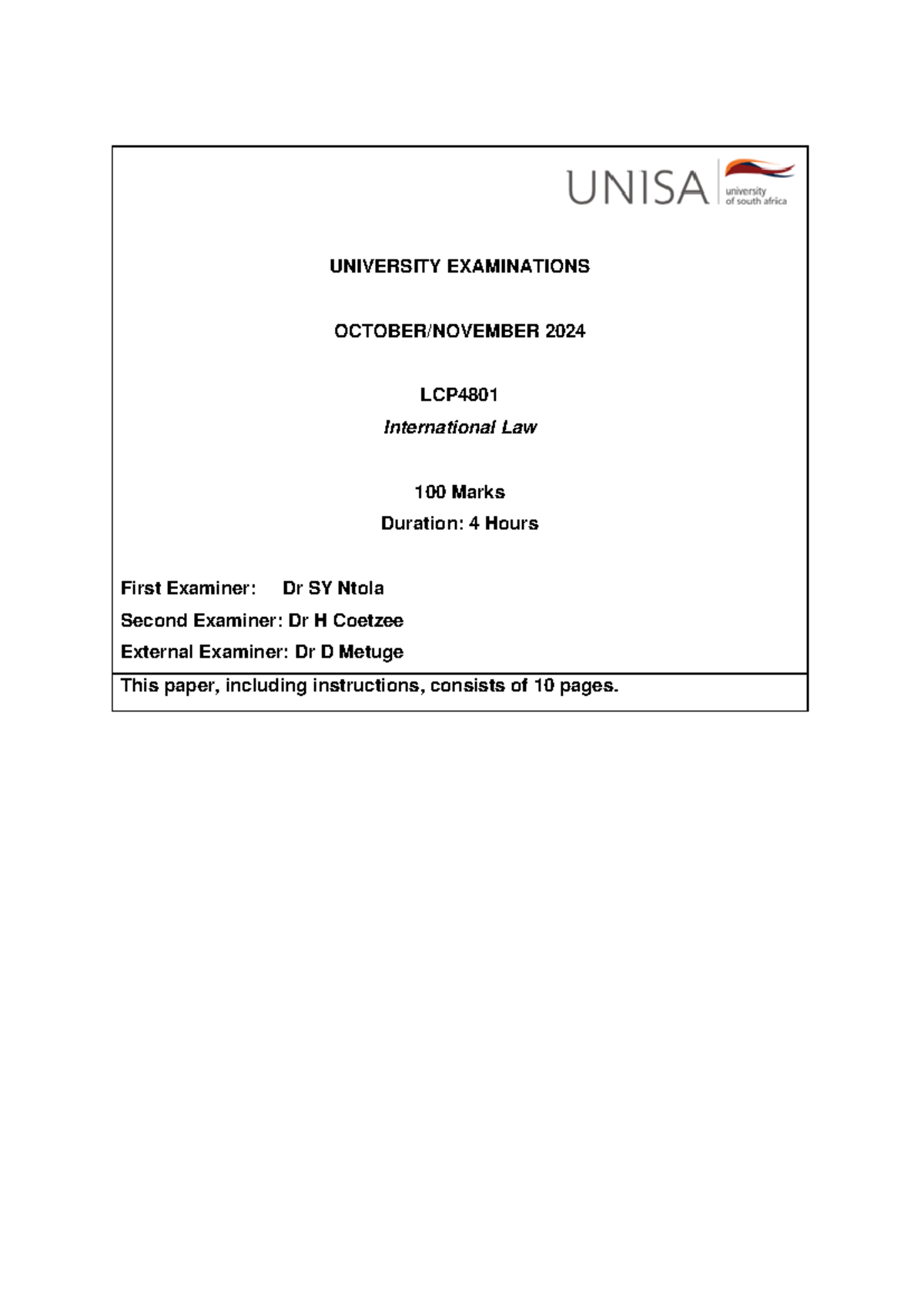LCP4801 Oct-Nov 2024 International Law Exam Paper Guidelines - Studocu