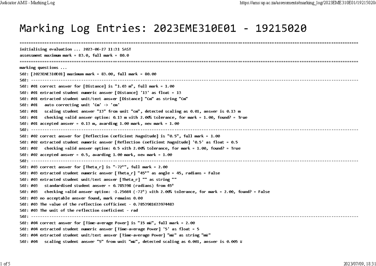 2023 EME310E01 - Final Marking Log Summary and Evaluation Details - Studocu
