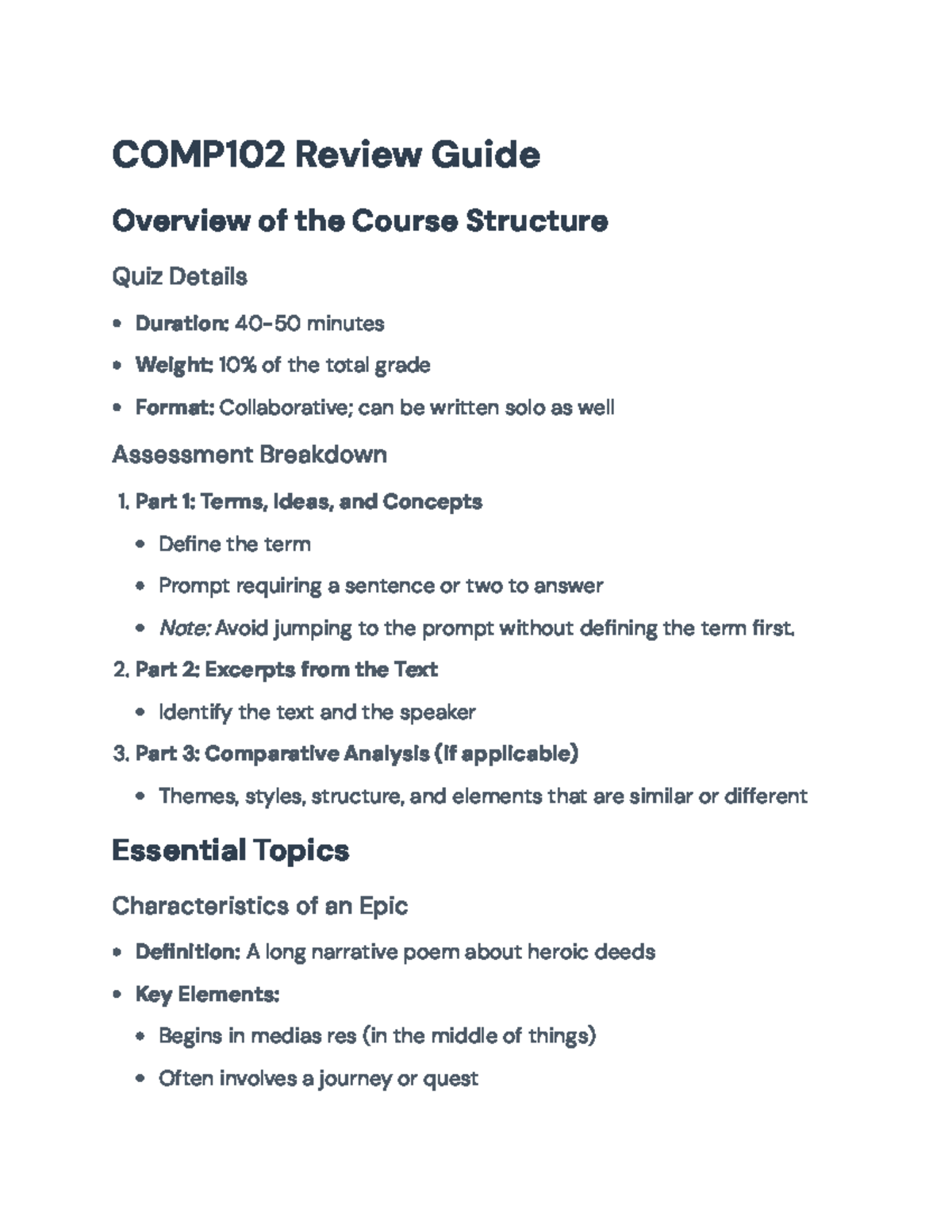 COMP102 Quiz Review Guide: Themes and Characters in Epic Literature ...