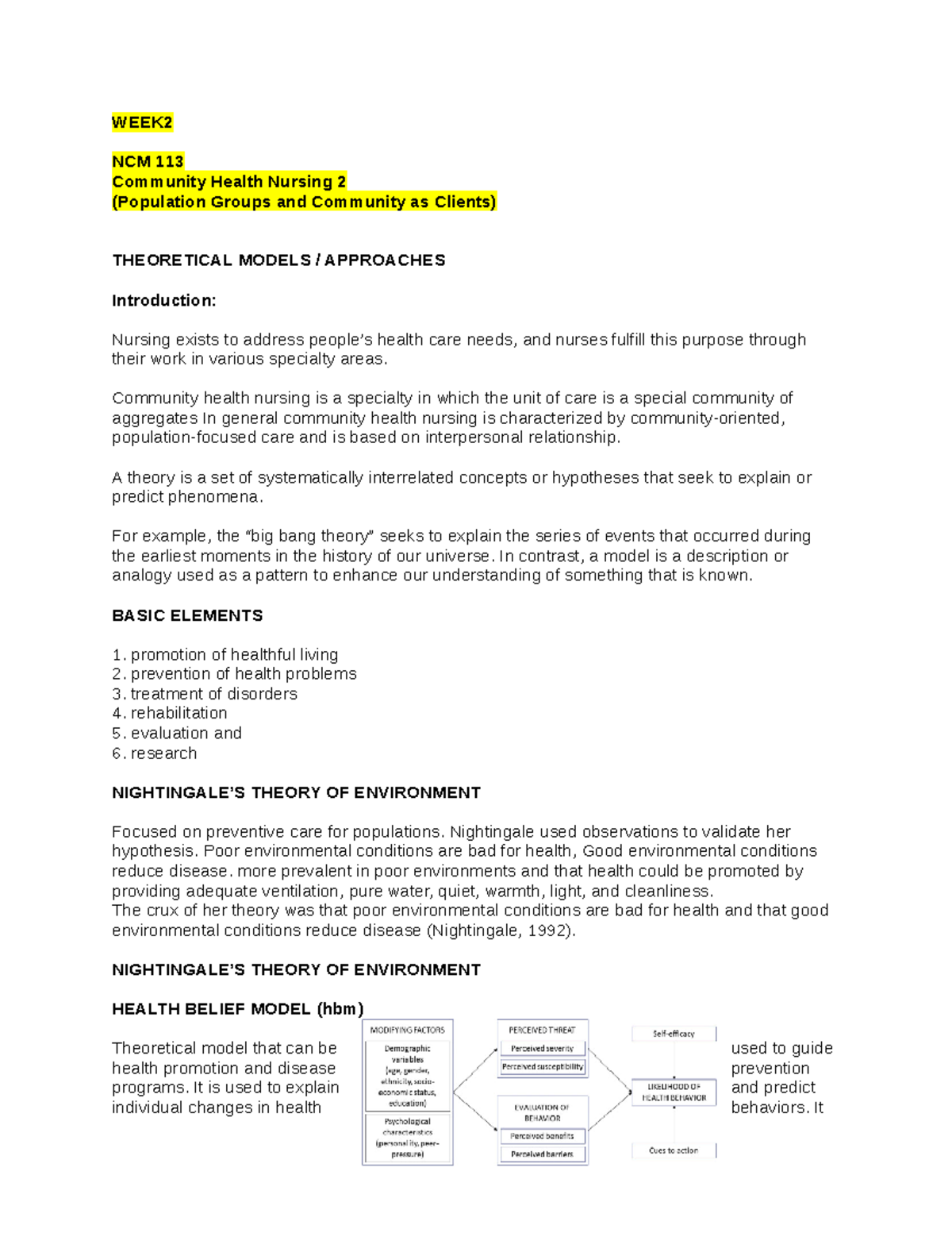 CHN NCM 113 - Week 2 Theoretical Models and Approaches in Nursing - Studocu