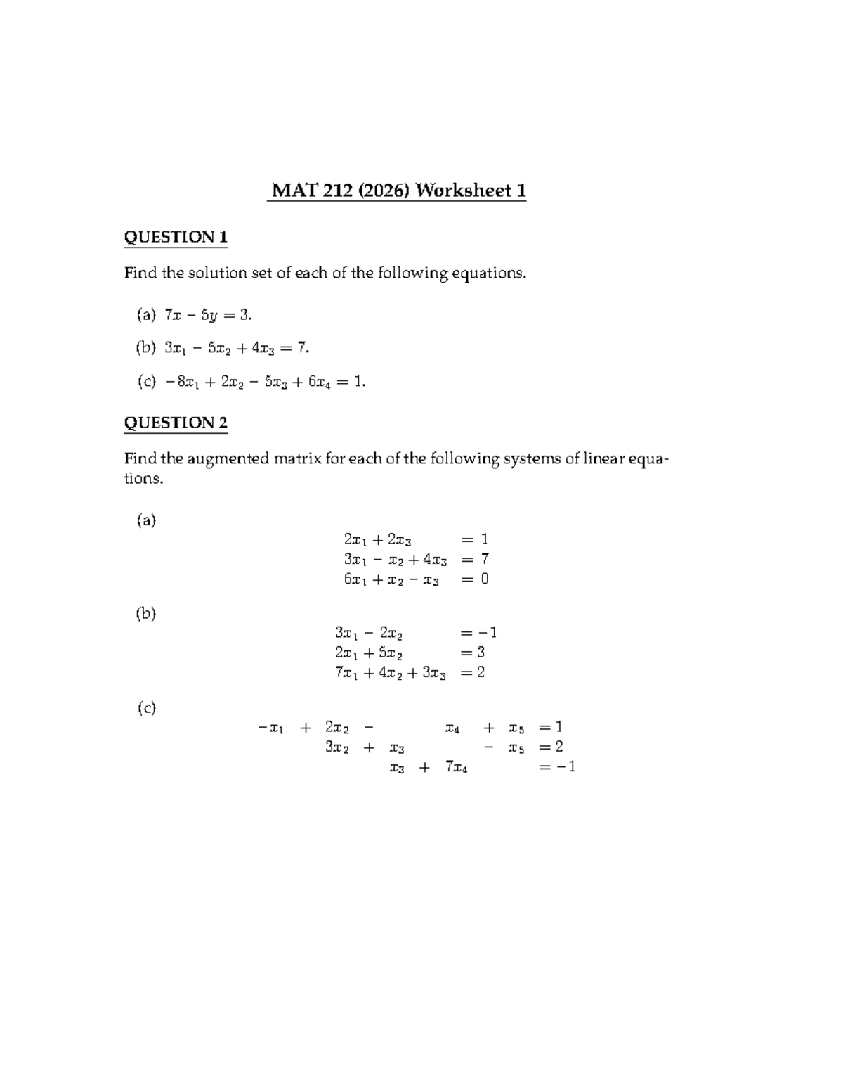 2026 MAT 212 Worksheet 1: Systems of Linear Equations Solutions - Studocu