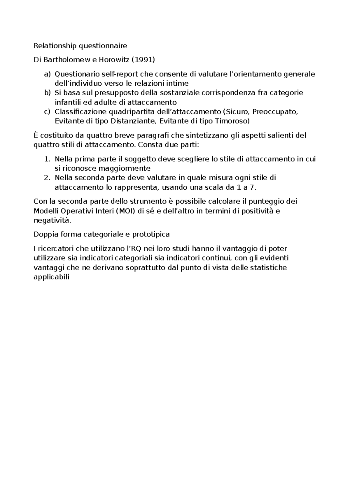 Attaccamento rq e ecr-r - Relationship questionnaire Di Bartholomew e ...
