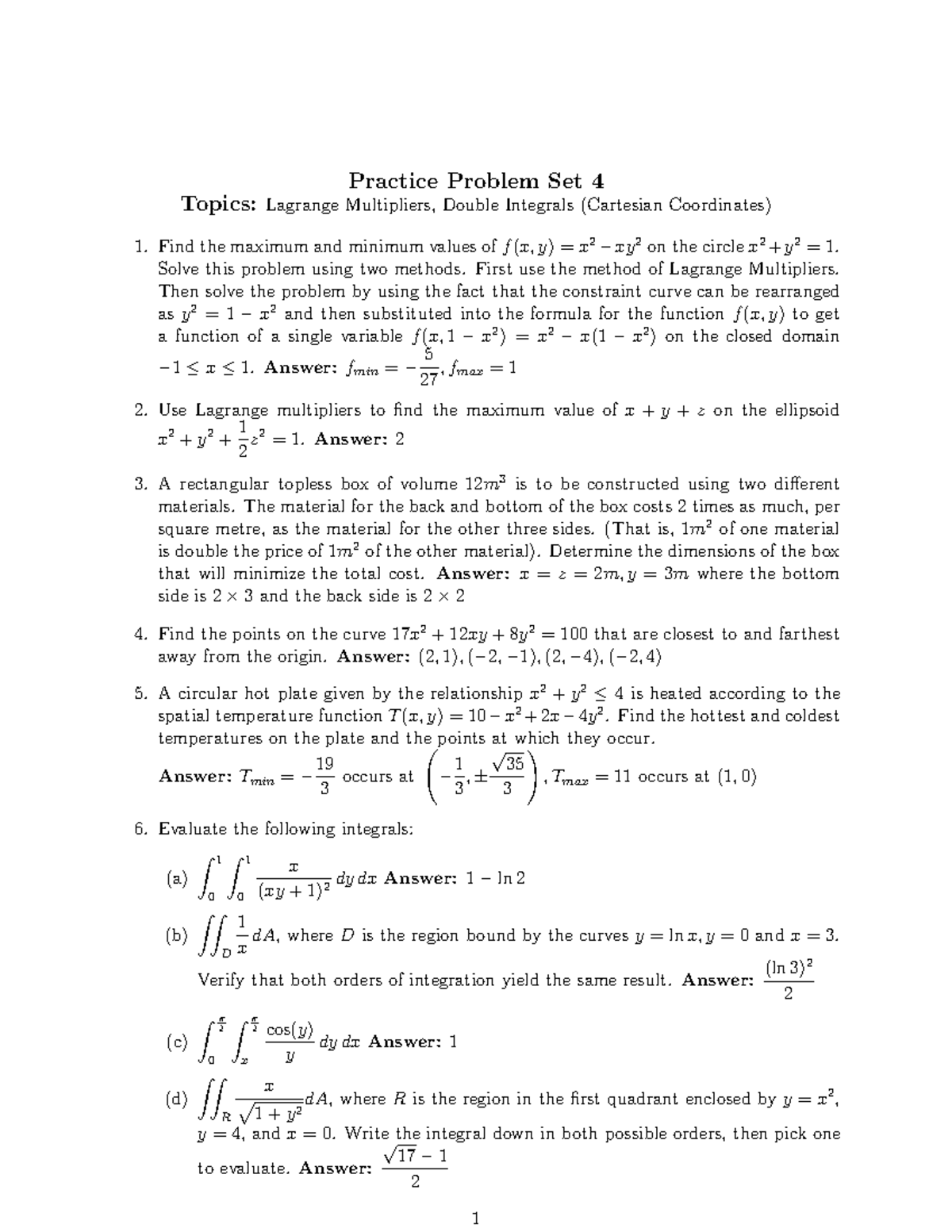Problem Set 4: Lagrange Multipliers & Double Integrals Analysis - Studocu