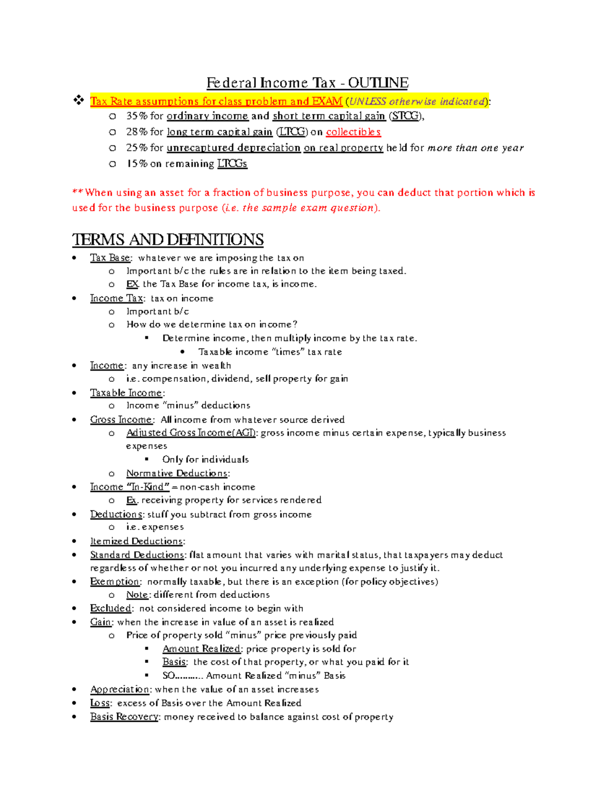 Federal Income Tax - Outline and Key Concepts - Studocu