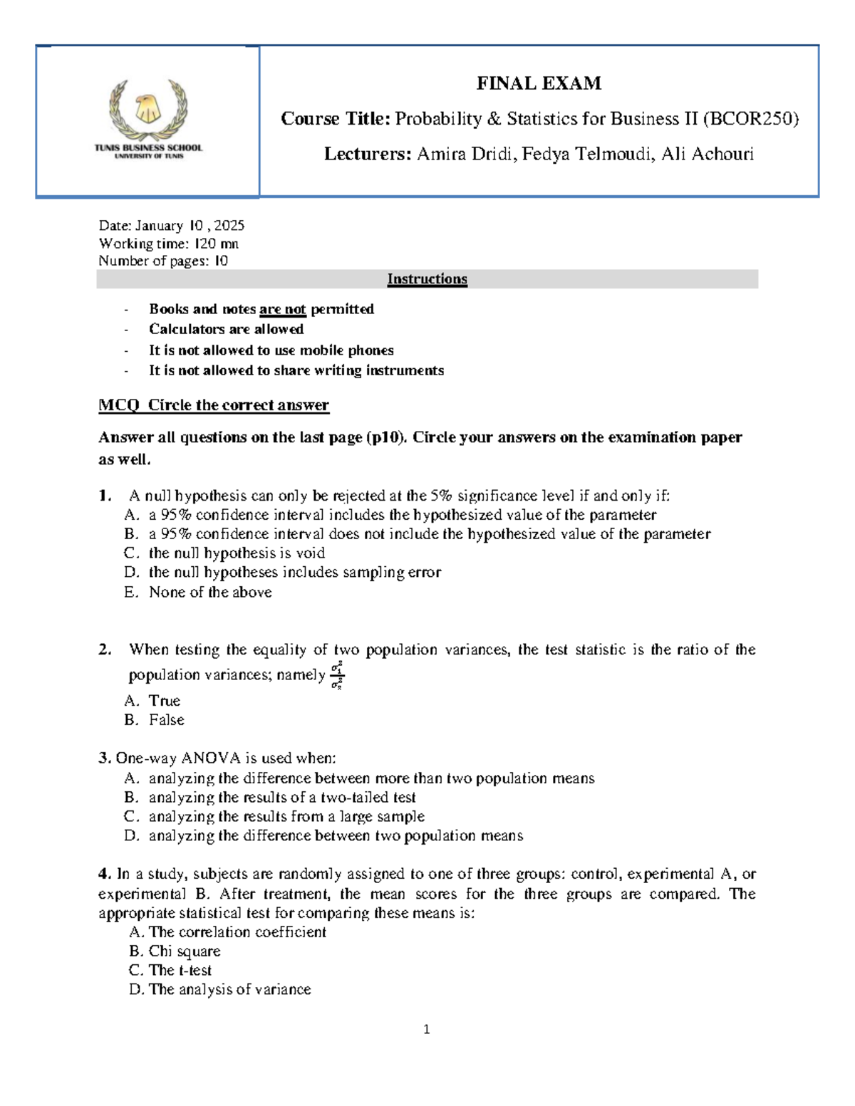 FINAL EXAM Answers for BCOR250: Probability Statistics for Business II ...