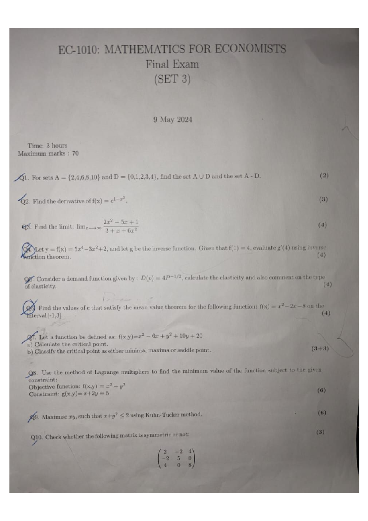 MATHEMATICS FOR ECONOMISTS Final Exam (SET 3) - 9 May 2024 - Studocu