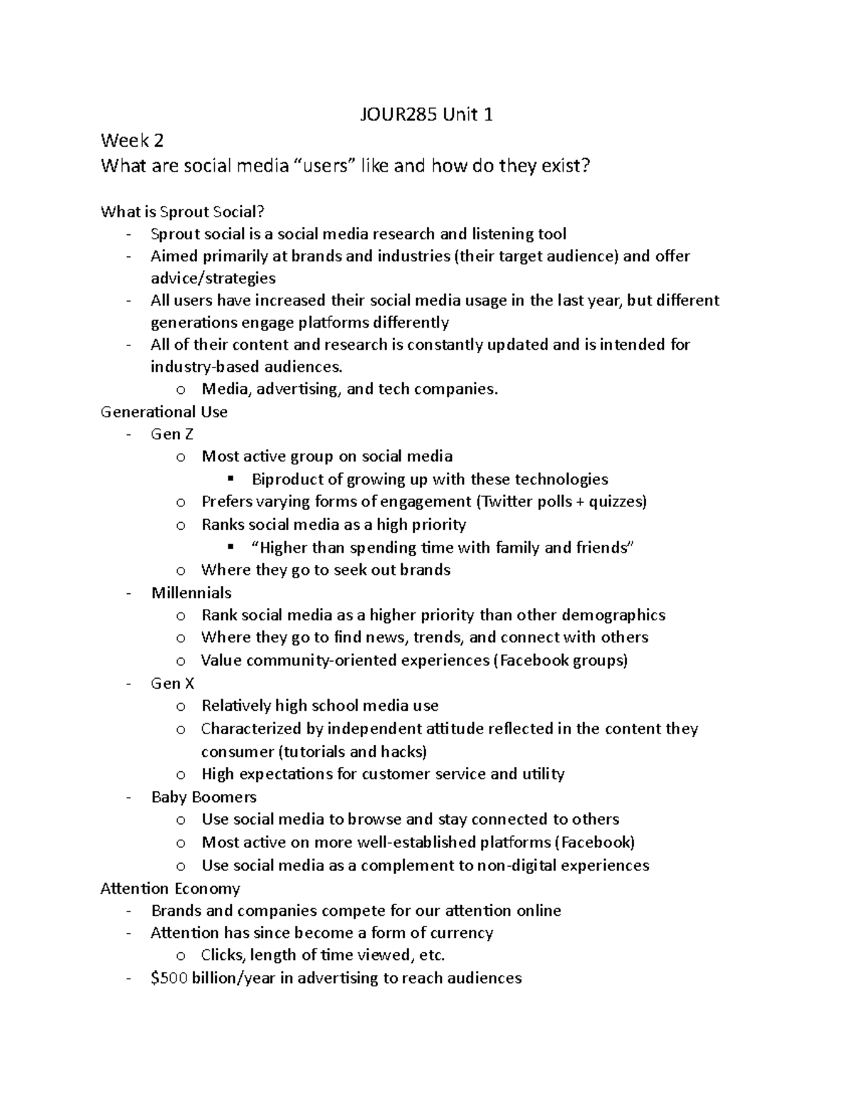 JOUR285 Unit 1 - Comprehensive Notes on Social Media Users and Trends ...