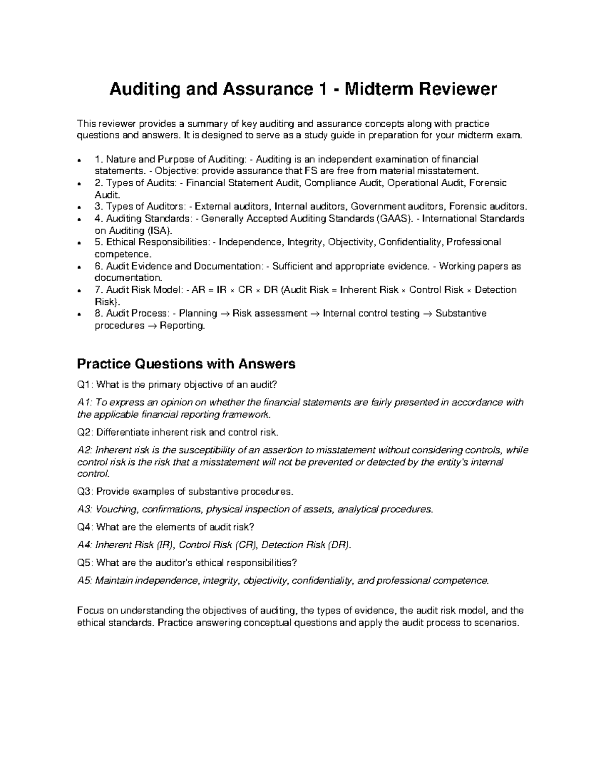 Auditing and Assurance 1 Midterm Study Guide and Practice Qs - Studocu