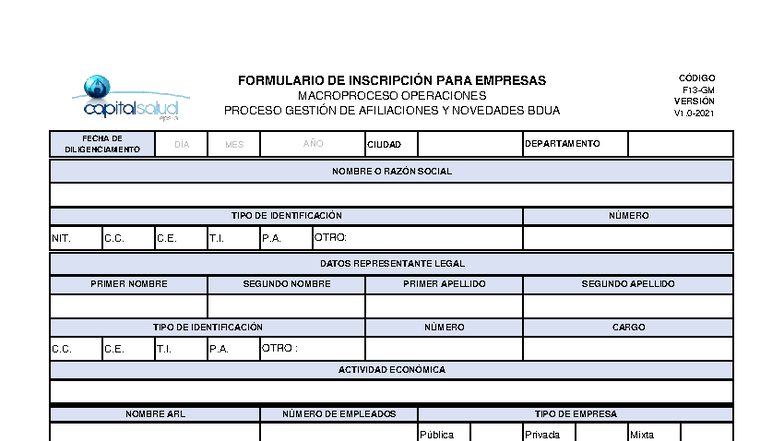 Formulario de Inscripción para Empresas - F13-GM V1.0-2021 - Studocu