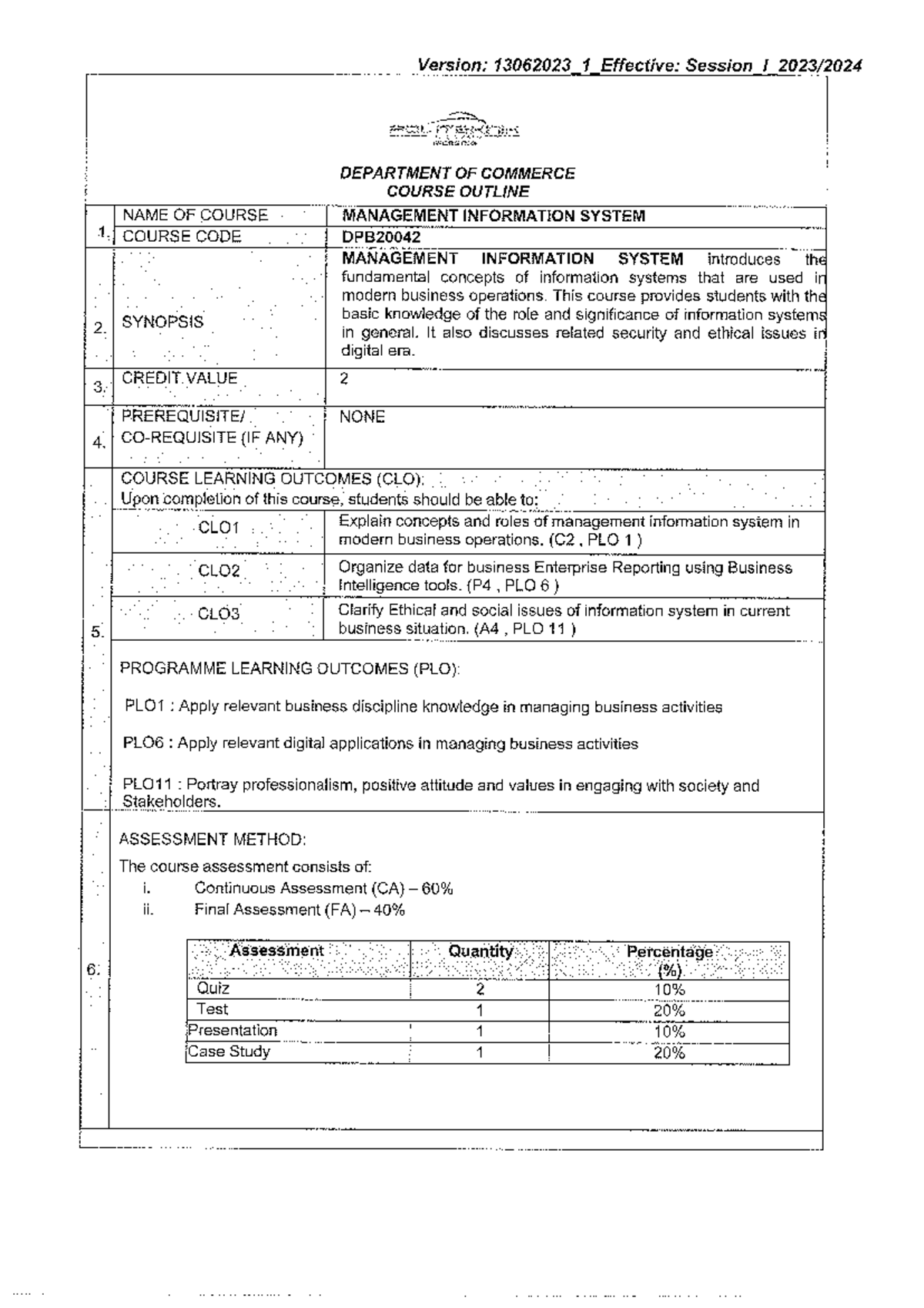 DPB20042 Course Outline: Management Information System (MIS) - Studocu