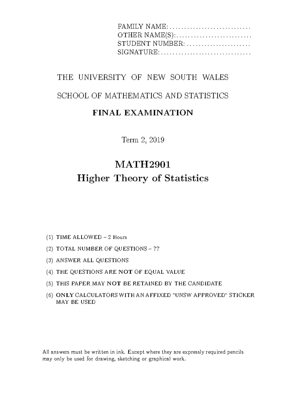 MATH2901 Final Exam - Higher Theory of Statistics Term 2, 2019 - Studocu