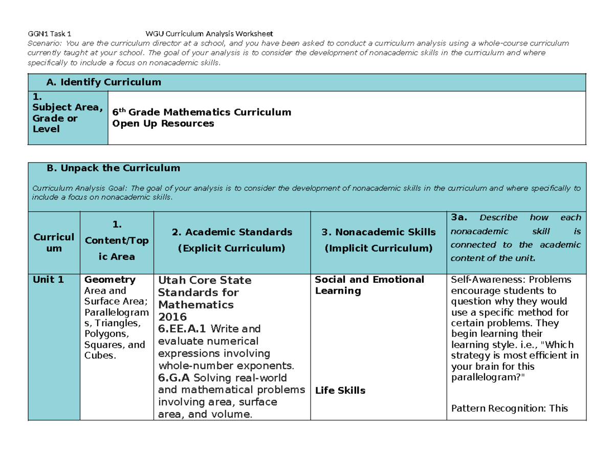 GGN1 Task 1: Curriculum Analysis of 6th Grade Math Skills - Studocu
