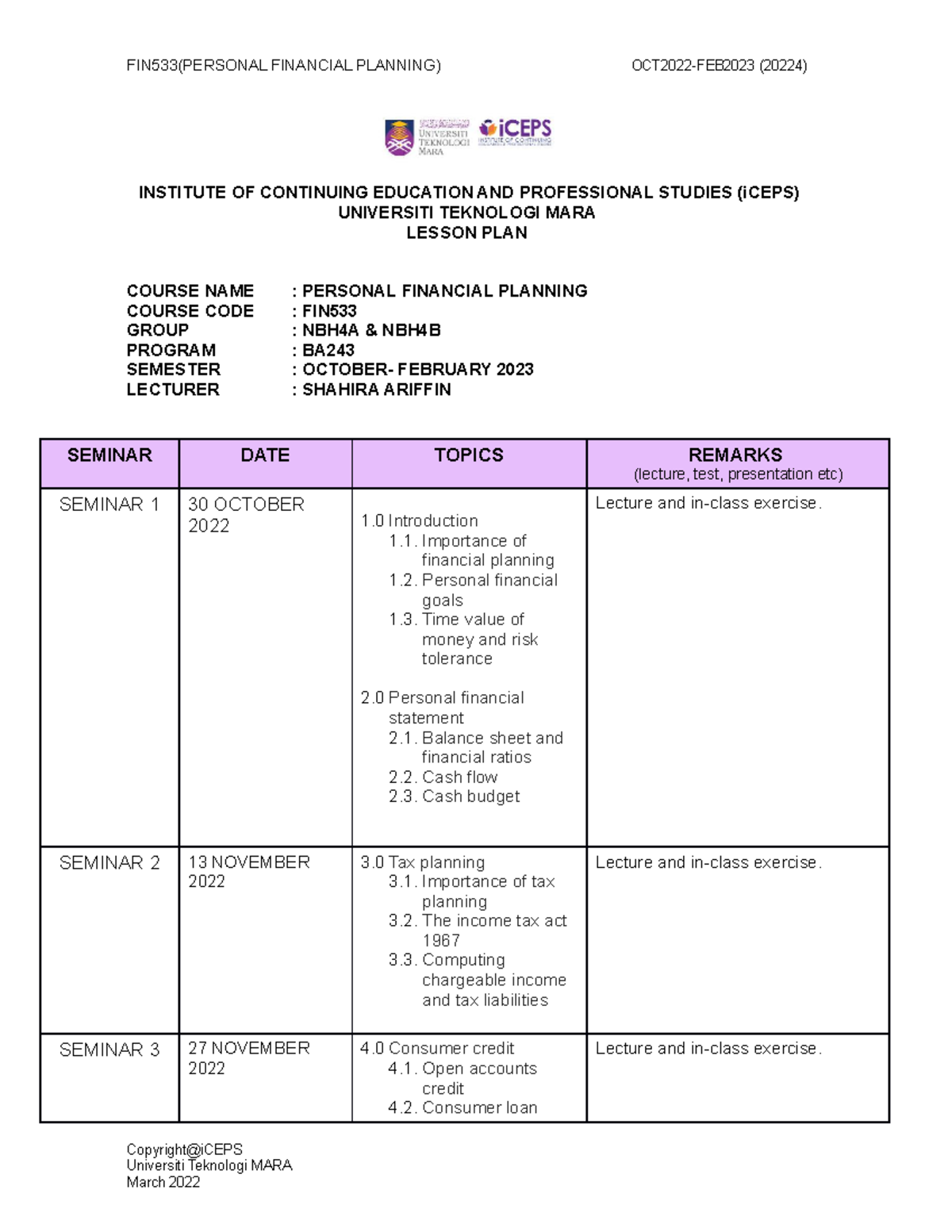 FIN533 Template Lesson PLAN FOR SEM OCT FEB2023 Iceps - INSTITUTE OF ...