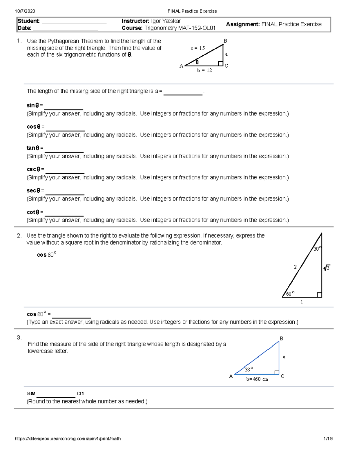 Final Practice Exercise 1 2 3 Student Date