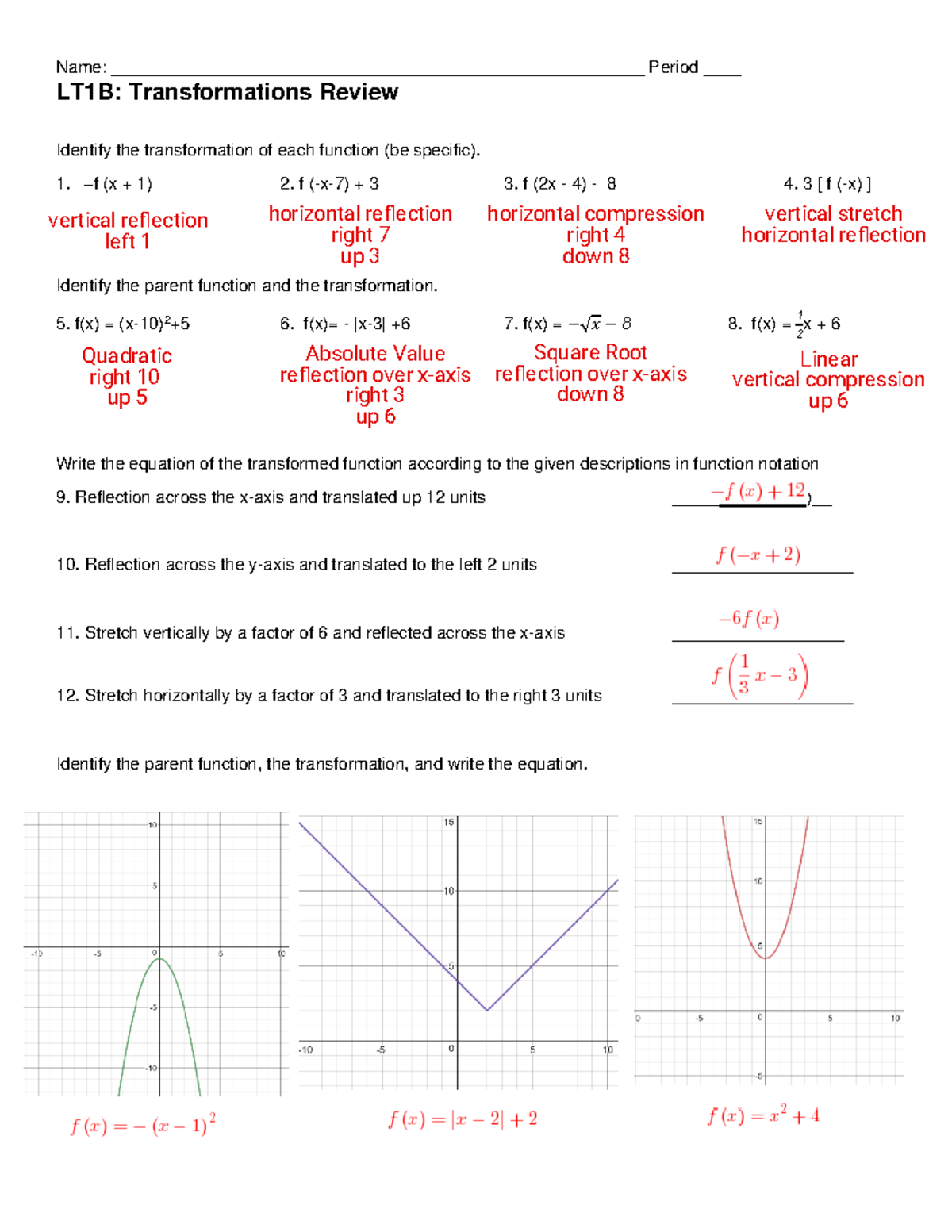 Alg 2 LT1B Transformations Review Homework Answers - Studocu