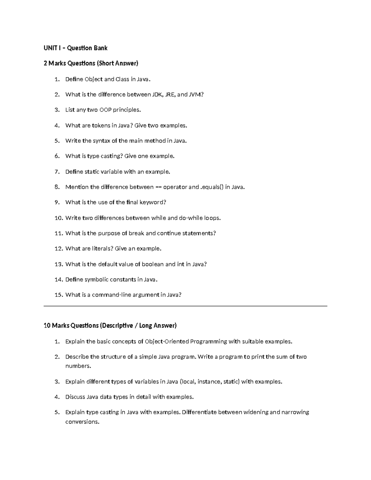 UNIT I Question Bank: Java Concepts & Important Questions - Studocu